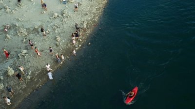 Das Niedrigwasser der Donau legt Inseln frei.  (Foto: Bela Szandelszky/AP/dpa)