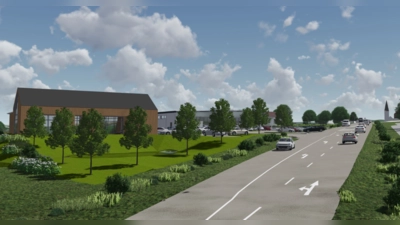 Visualisierung mit Blick Richtung Uffenheim: So könnte sich der neue Lidl-Markt und das Bäckerei-Café (Gebäude links) in die Umgebung einfügen. (Foto: PS Planung & Service GmbH – Ingenieure und Architekten, Ansbach)