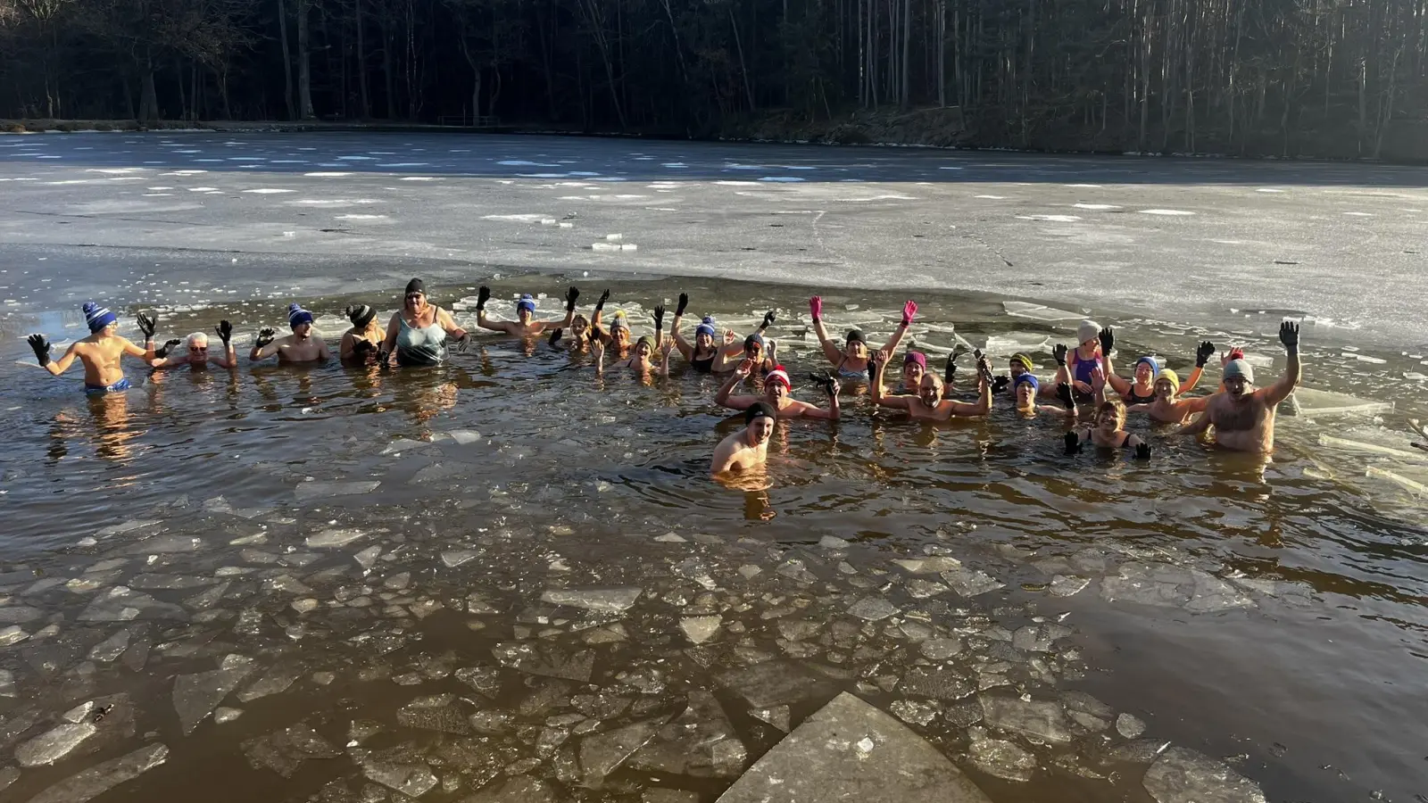 Diese unerschrockenen Frauen und Männer trotzten den Temperaturen und gingen am vergangenen Wochenende im eiskalten Krummweiher bei Bechhofens Ortsteil Königshofen baden. (Foto: Johannes Flierl)