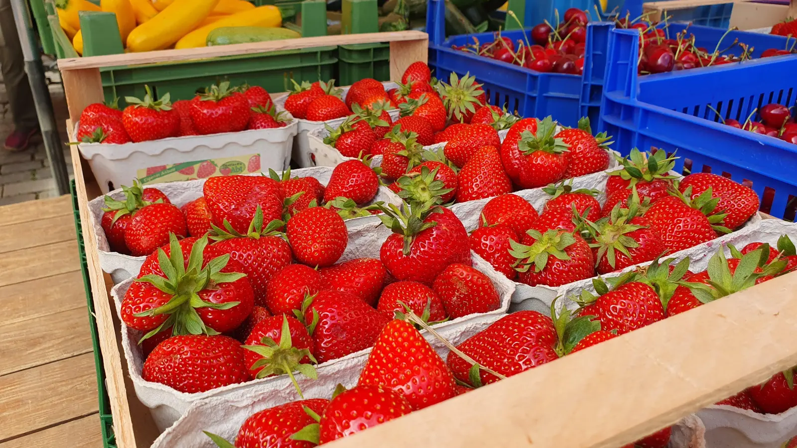 Den Weg zum Wochenmarkt nehmen trotz der Hitze viele Menschen auf sich. Eingedeckt wird sich dort unter anderem mit frischem Obst und Gemüse. (Foto: Anna Franck)
