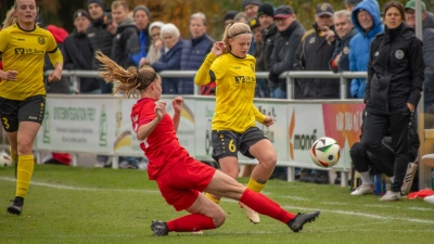 Dana Keßler (gelbes Trikot, hier im Zweikampf mit Sina Gutermann von der SG Haitz) erzielte den Ausgleich für Weinberg. (Foto: Markus Zahn)