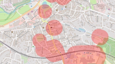 Die „Bubatzkarte” zeigt Areale, in denen kein Cannabis konsumiert werden darf - hier ein Ausschnitt aus Neustadt/Aisch. Der Jugendtreff „Lazarett” fehlt noch als geschützter Bereich. (Foto: Bubatzkarte/OpenStreetMap)