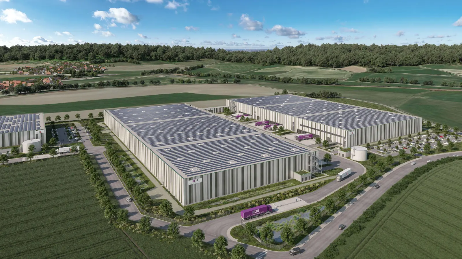 Noch stehen im neuen Gewerbegebiet Dombühl-Süd keine Hallen. Wie die beiden Komplexe aussehen werden, für die es jetzt einen Mieter gibt, zeigt die Visualisierung. (Grafik: Bauwo Grundstücksgesellschaft mbH)