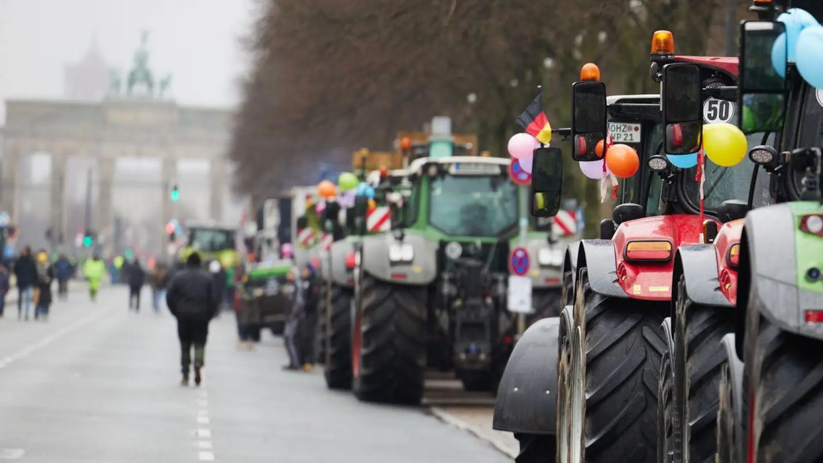 Landwirte stehen mit ihren Traktoren auf der Straße des 17. Juni in Berlin. (Foto: Jörg Carstensen/dpa)