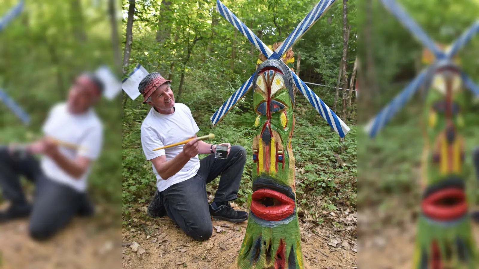 Reinhard Ipfling arbeitet derzeit an dem bei weitem buntesten Werk seines Skulpturenpfads, einem Marterpfahl. (Foto: Andreas Reum)