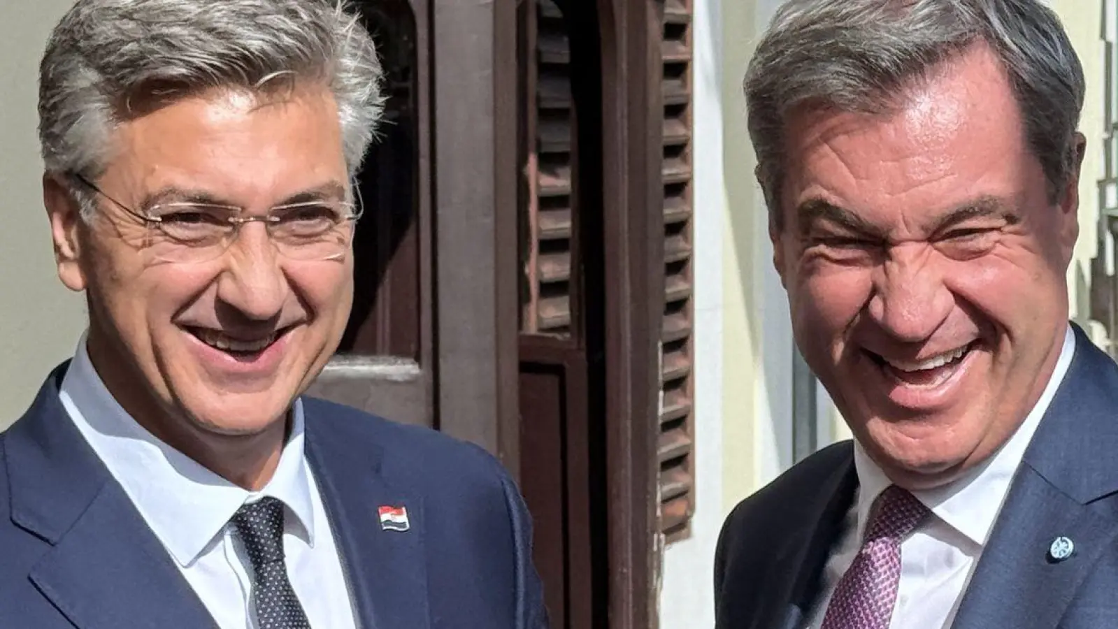 Bayerns Regierungschef Söder (rechts) traf in Kroatien Premier Andrej Plenkovic. (Foto: Christoph Trost/dpa)