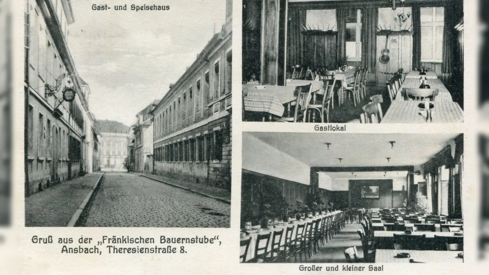 Diese historische Postkarte zeigt die Fränkische Bauernstube in der Theresienstraße, der heutigen Bischof-Meiser-Straße: Hier trifft sich Adolf Hitler im November 1925 mit engen Vertrauten, ehe er bei einer Parteiversammlung in der Orangerie vor rund 1000 Leuten spricht.  (Repro: Sammlung Martin Schuster)