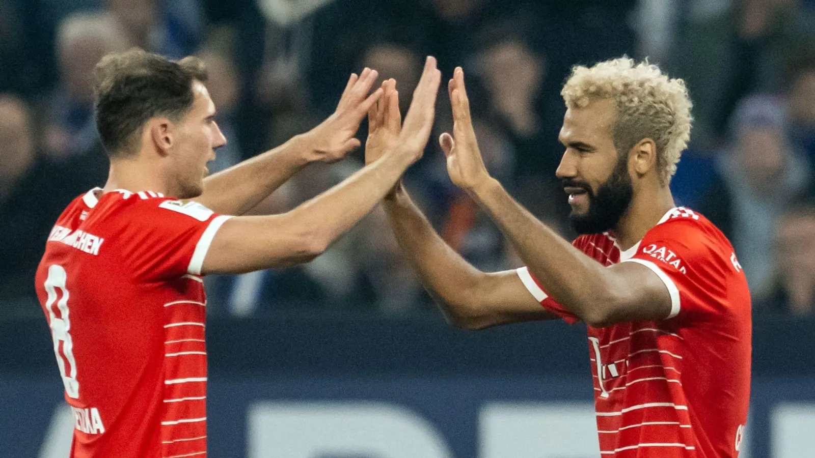 Bayerns Leon Goretzka (l) jubelt mit Eric Maxim Choupo-Moting über dessen Treffer zum 2:0 gegen Schalke. (Foto: Bernd Thissen/dpa)