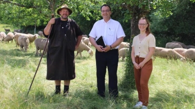 Andreas Smietana (links) hütet auf dem Triesdorfer Campus die Schafe. Professor Dr. Wilhelm Pflanz und die Doktorandin Natascha Zimmermann wollen erforschen, wie man Tiere mit feineren Wollfasern züchten kann, ohne die Schutzfunktion des Vlieses für die Schafe negativ zu beeinträchtigen.  (Foto: Kristina Schmidl)